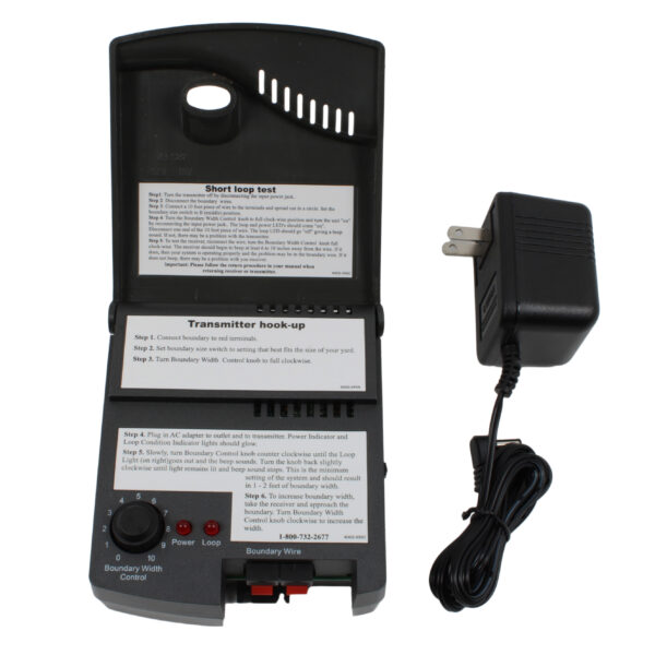 PetSafe RF-1010 in-ground dog fence transmitter with cover open.